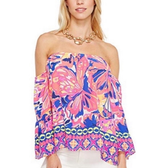 Lilly Pulitzer Size Medium 100% Silk Off Shoulder Bomb Shell Engineered Top - Picture 2 of 8